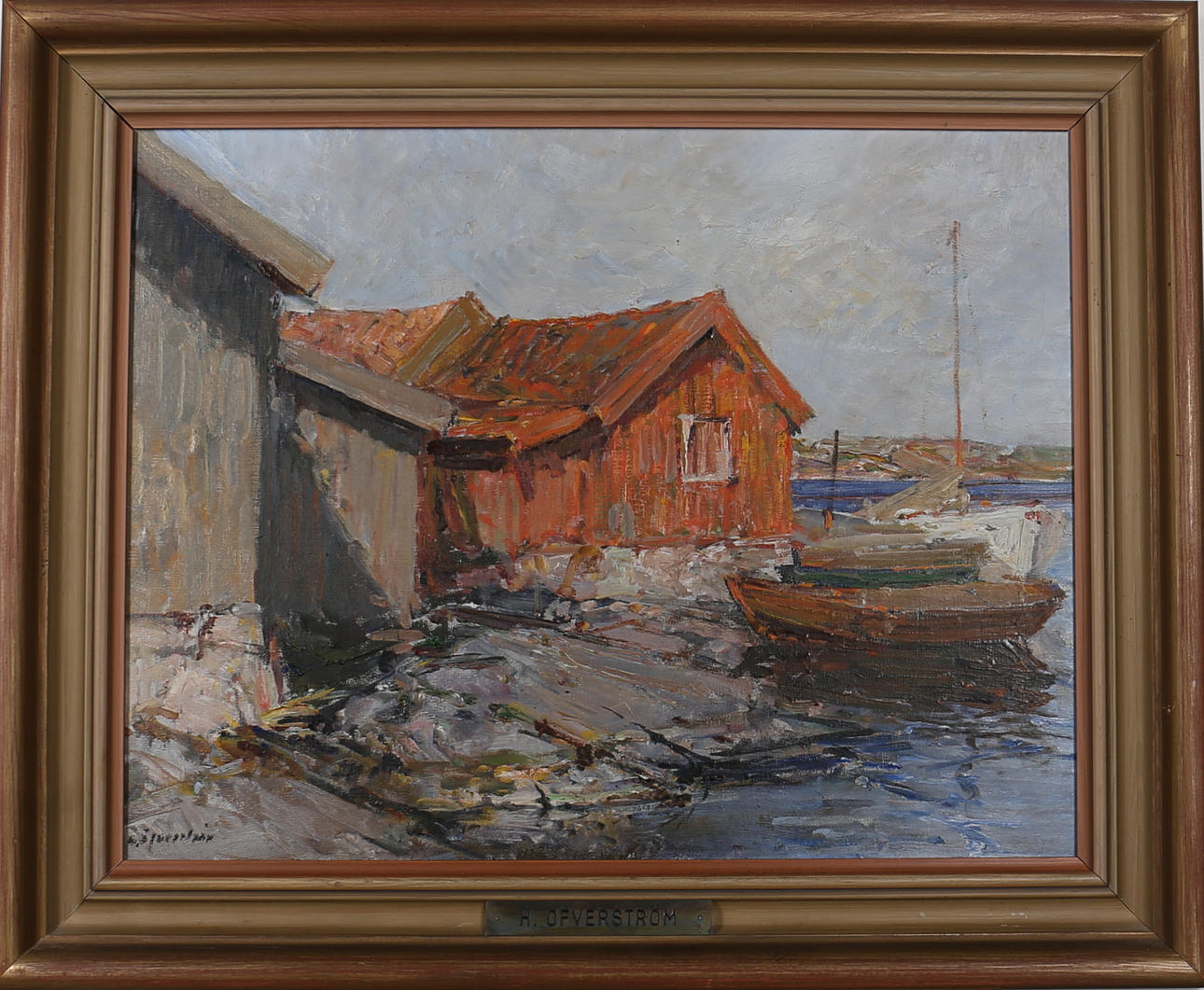 HUGO ÖFVERSTRÖM. Fiskebodar. Olja på duk. Signerad.