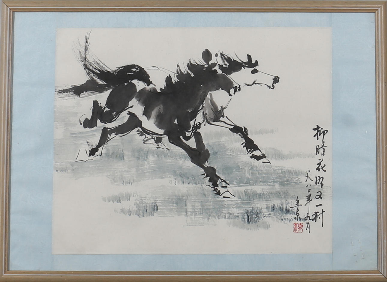 OIDENTIFIERAD KONSTNÄR. Två hästar. Tuschmålning. Kina. !900-tal. Signerad.