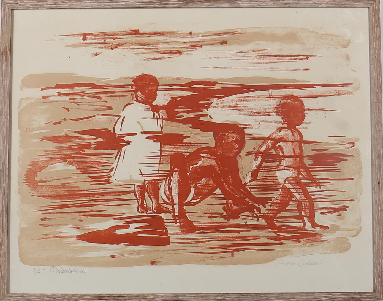 CECILIA FRIESENDAHL. Barn på stranden. Färglitografi. Signerad och daterad -65. Numrerad 5/25.