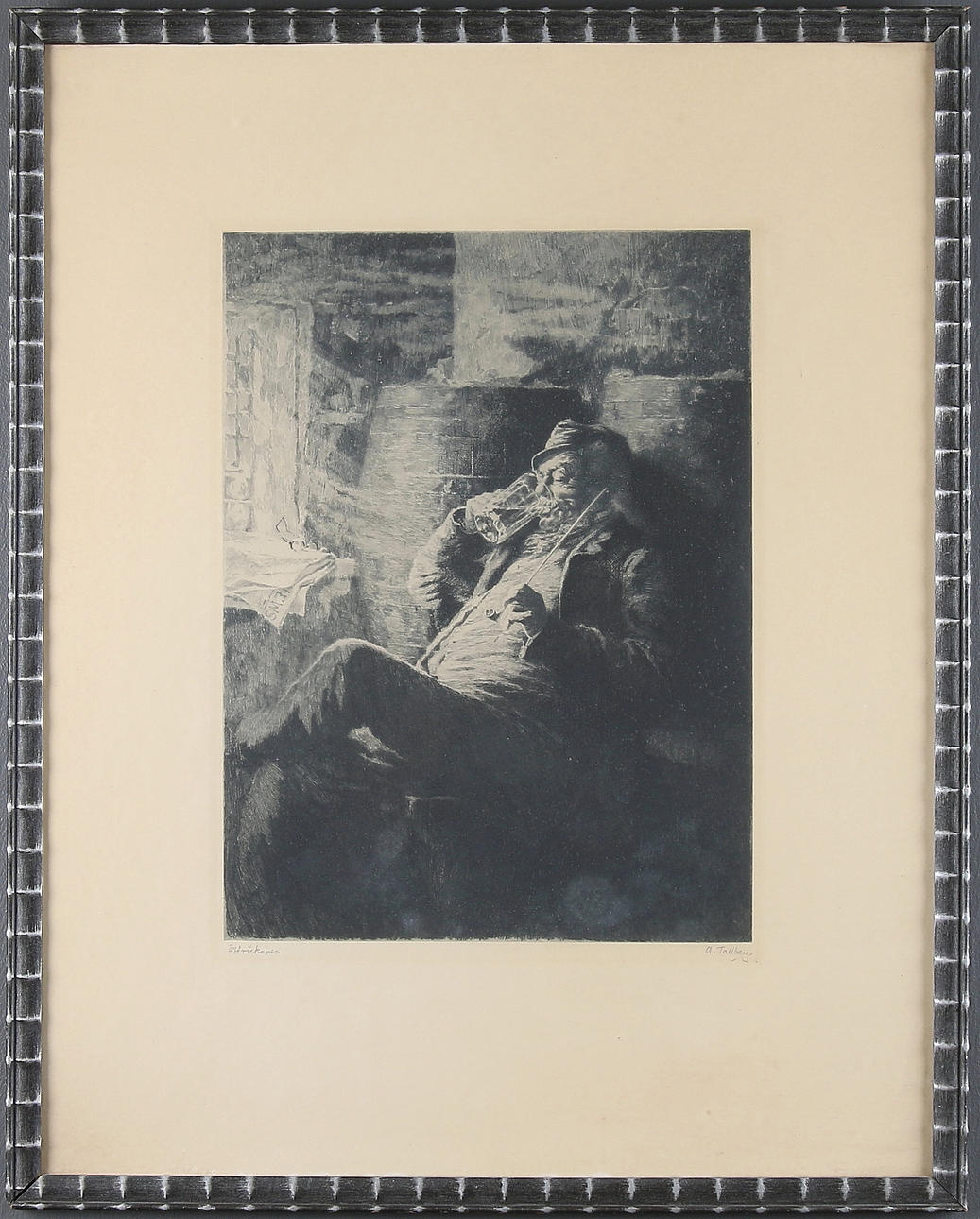 AXEL TALLBERG. Etsning, "Öldrickaren", signerad.