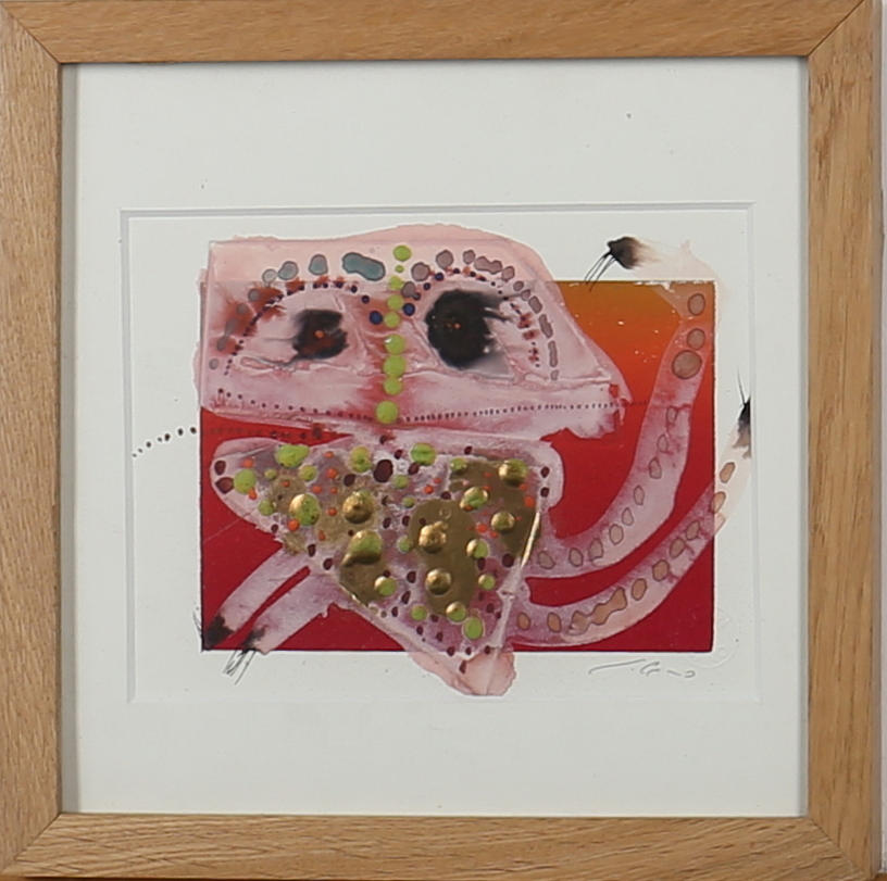 JUAN CANO. Komposition. Blandteknik med bladguld. Signerad.