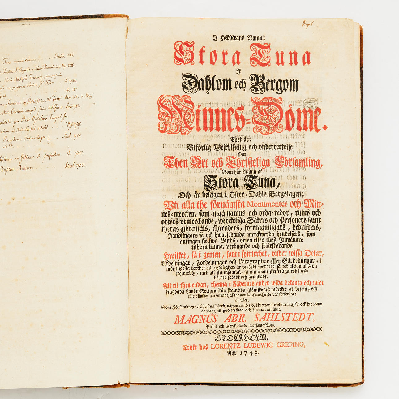 SAHLSTEDTIN SUURI TONNIKALA 1743.