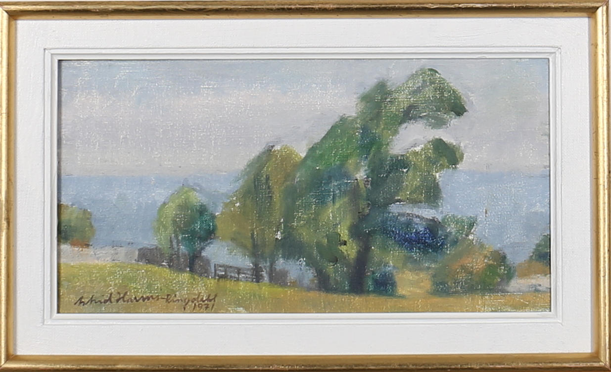 ASTRID HARMS-RINGDAHL. Träd i blåst på Gotland. Olja på pannå. Signerad och daterad 1971.