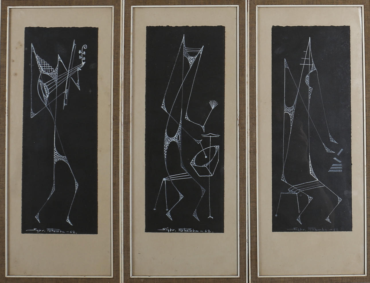 SIGFRID BHAMBA. Musiker. 3 st. Vitpenna på svart papper. Signerad och daterad -62.