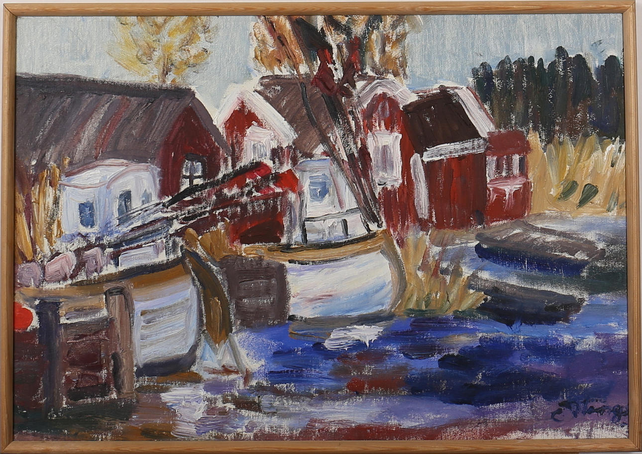 CECILIA WINGE. "Båtar i Hamn". Olja på duk. Signerad.