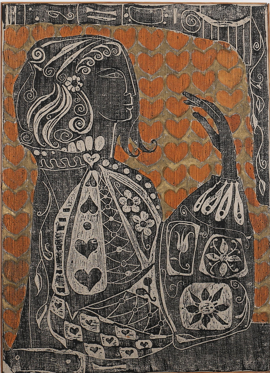 OIDENTIFIERAD KONSTNÄR. Hjärter dam. Batik. 1960/70-tal.