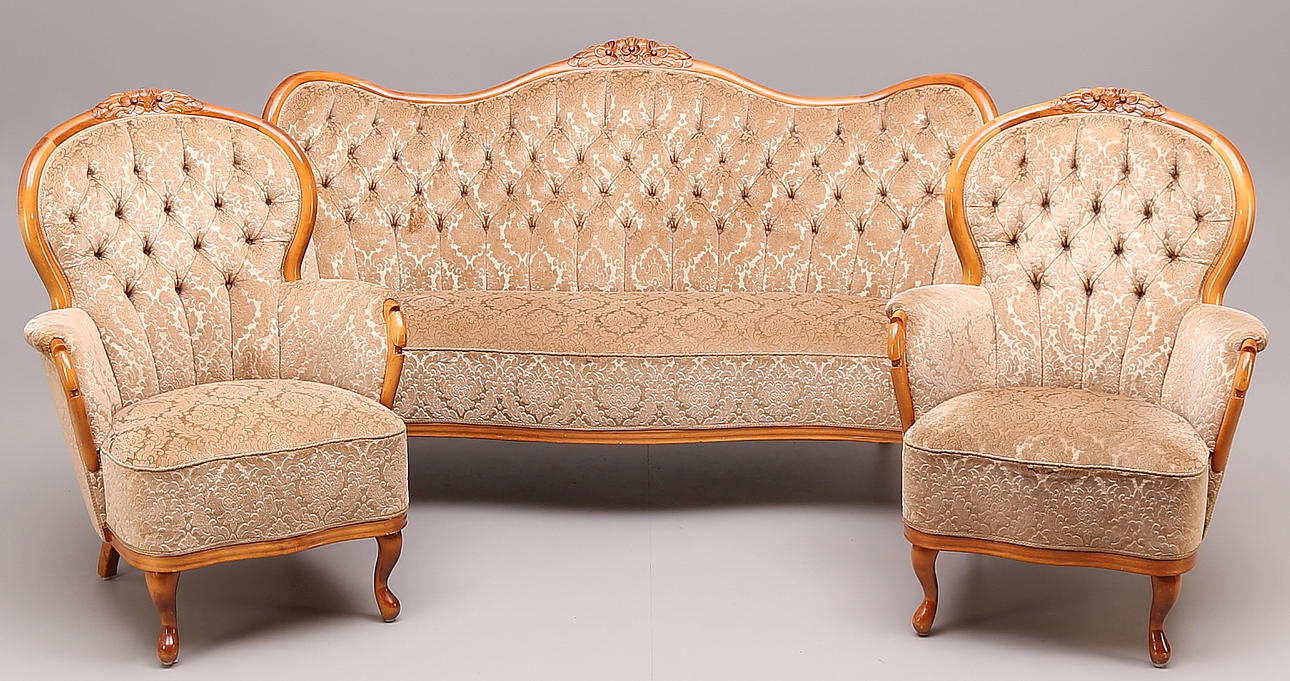 SOFFGRUPP, 3 delar, nyrokokostil, guldfärgat tyg.