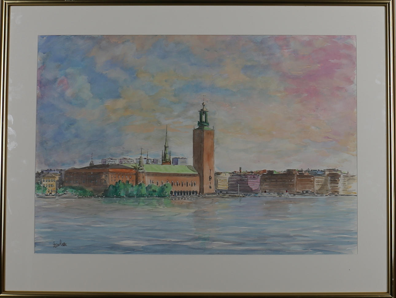 GUSTAV PIERRE. Stockholmsvy från vattnet. Akvarell. Signerad.