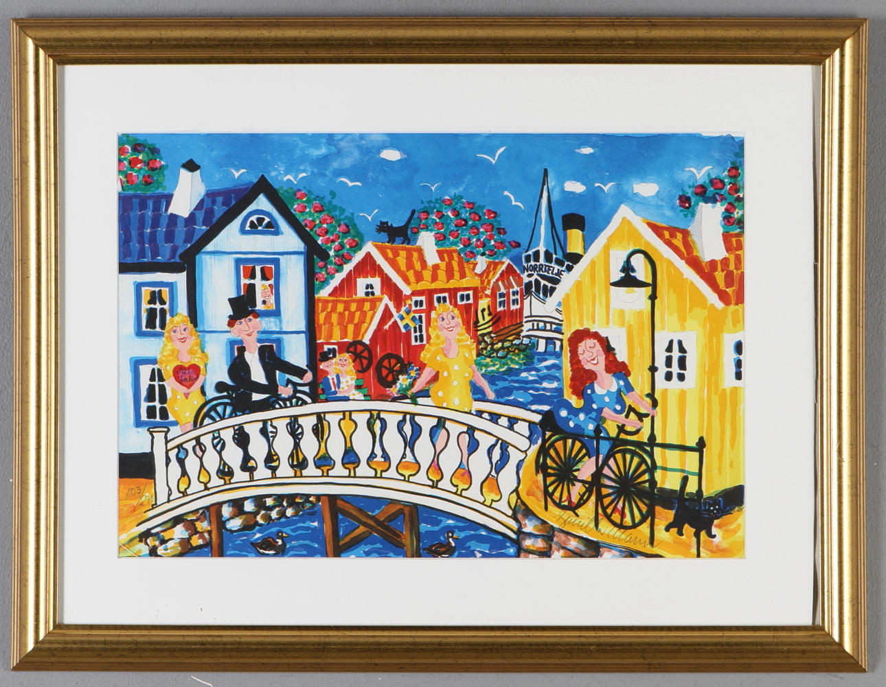 GUNILLA MANN. Stadsmotiv med figurer, färglitografi, signerad och numrerad 103/290.