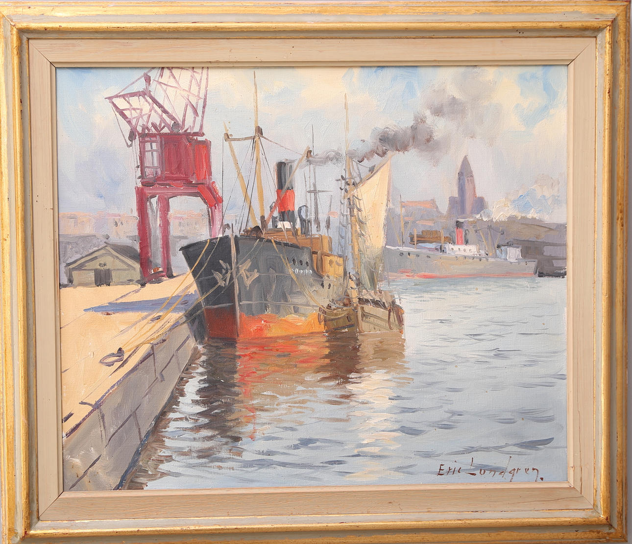 ERIC LUNDGREN. olja duk, Göteborgs hamn vid Masthugget.