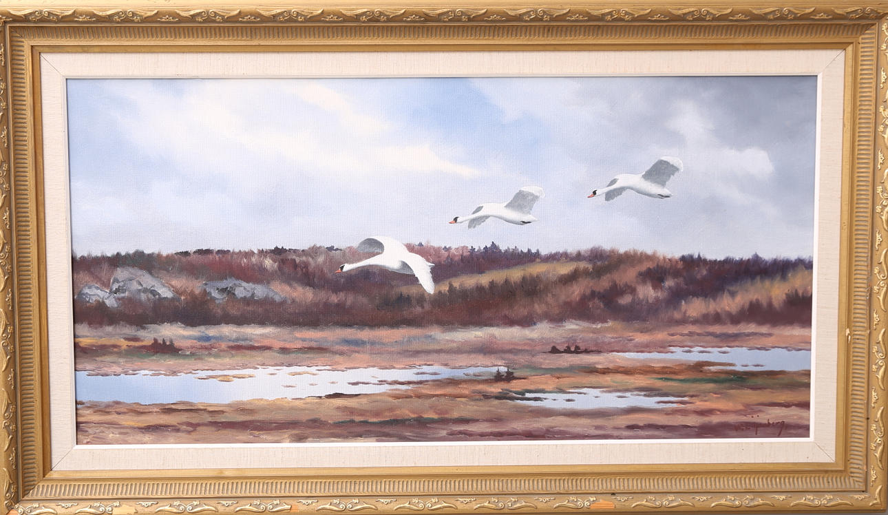 W.LILJENBERG. olja duk, Tre landande svanar.