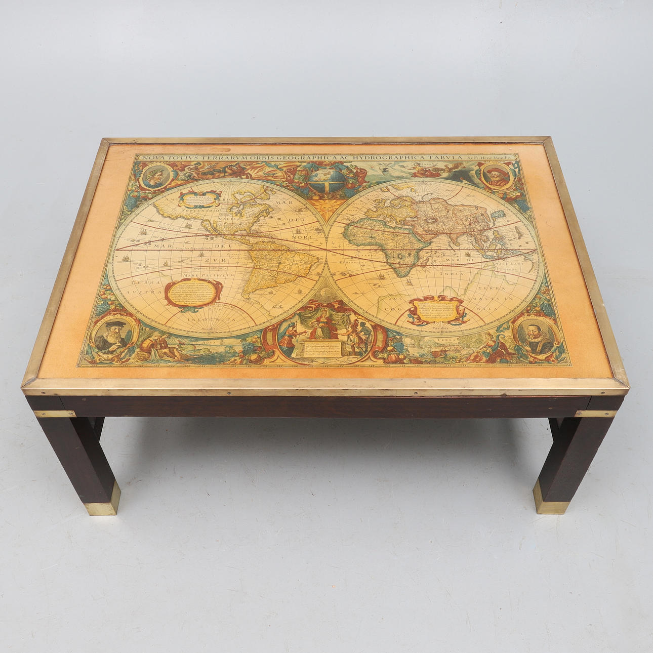 A REPRODUCTION CAMPAIGN STYLE BRASS MOUNTED AND GLASS TOPPED LOW 'MAP ...