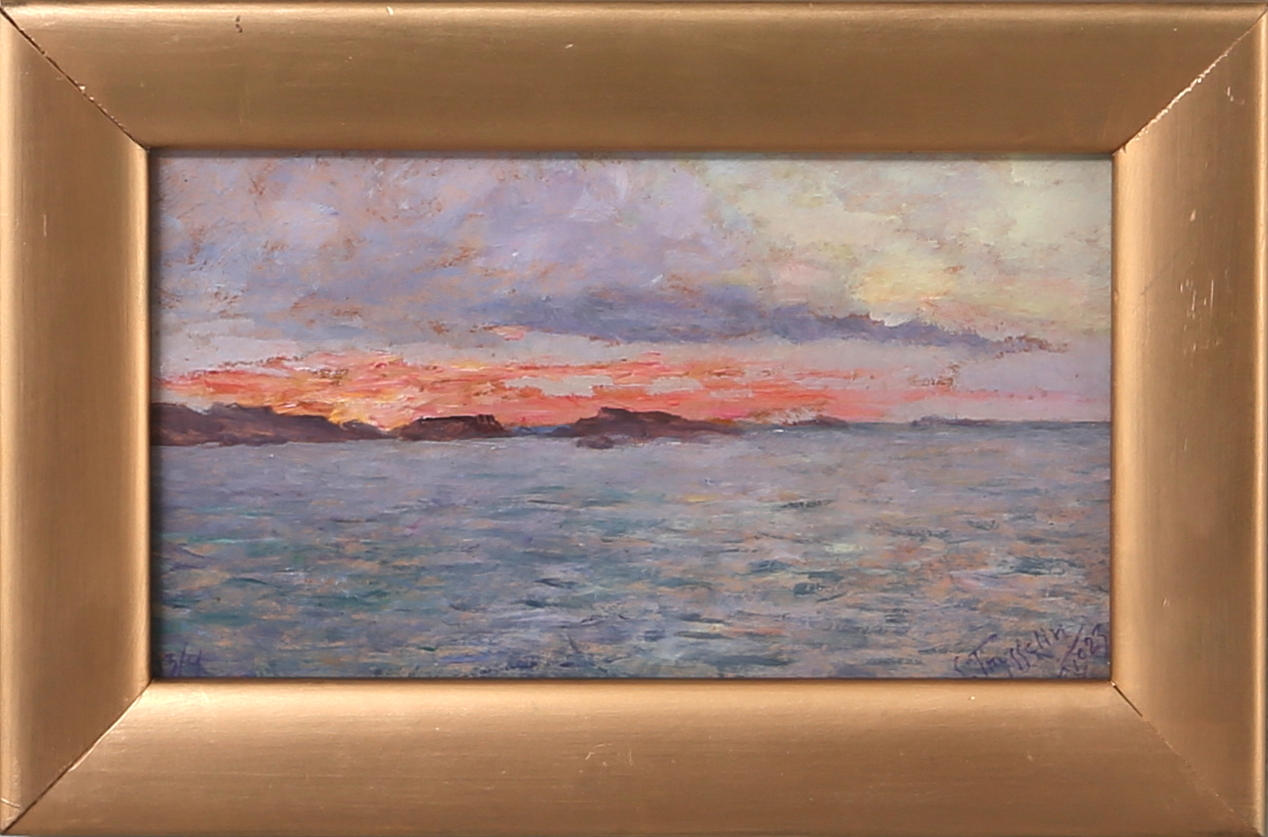 ERIK TRYGGELIN. Solnedgång över vättern, olja på pannå, signerad o daterad E Tryggelin 1923.