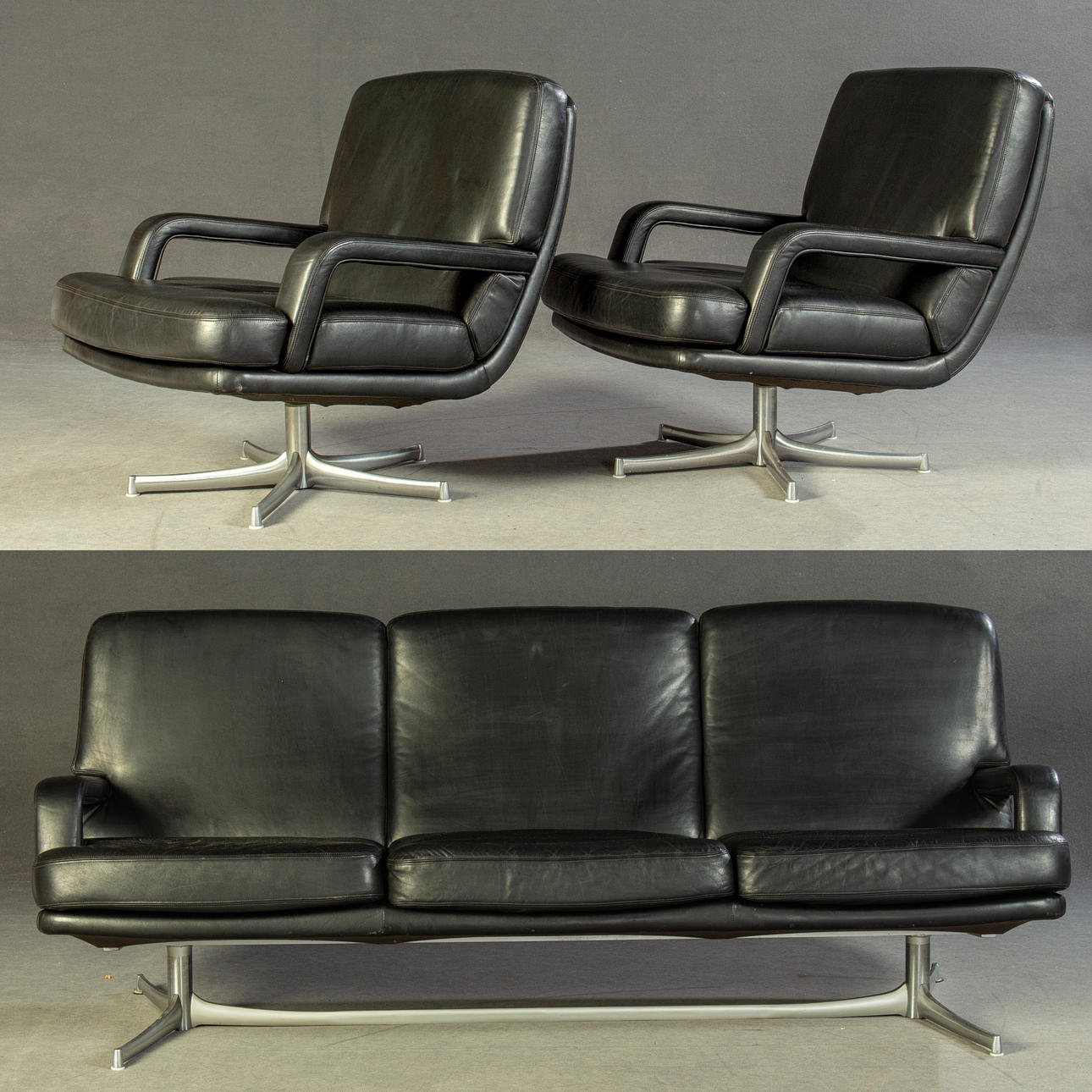 BERND MÜNZEBROCK. Walter Knoll, sofa + 2 lænestole, sort læder.