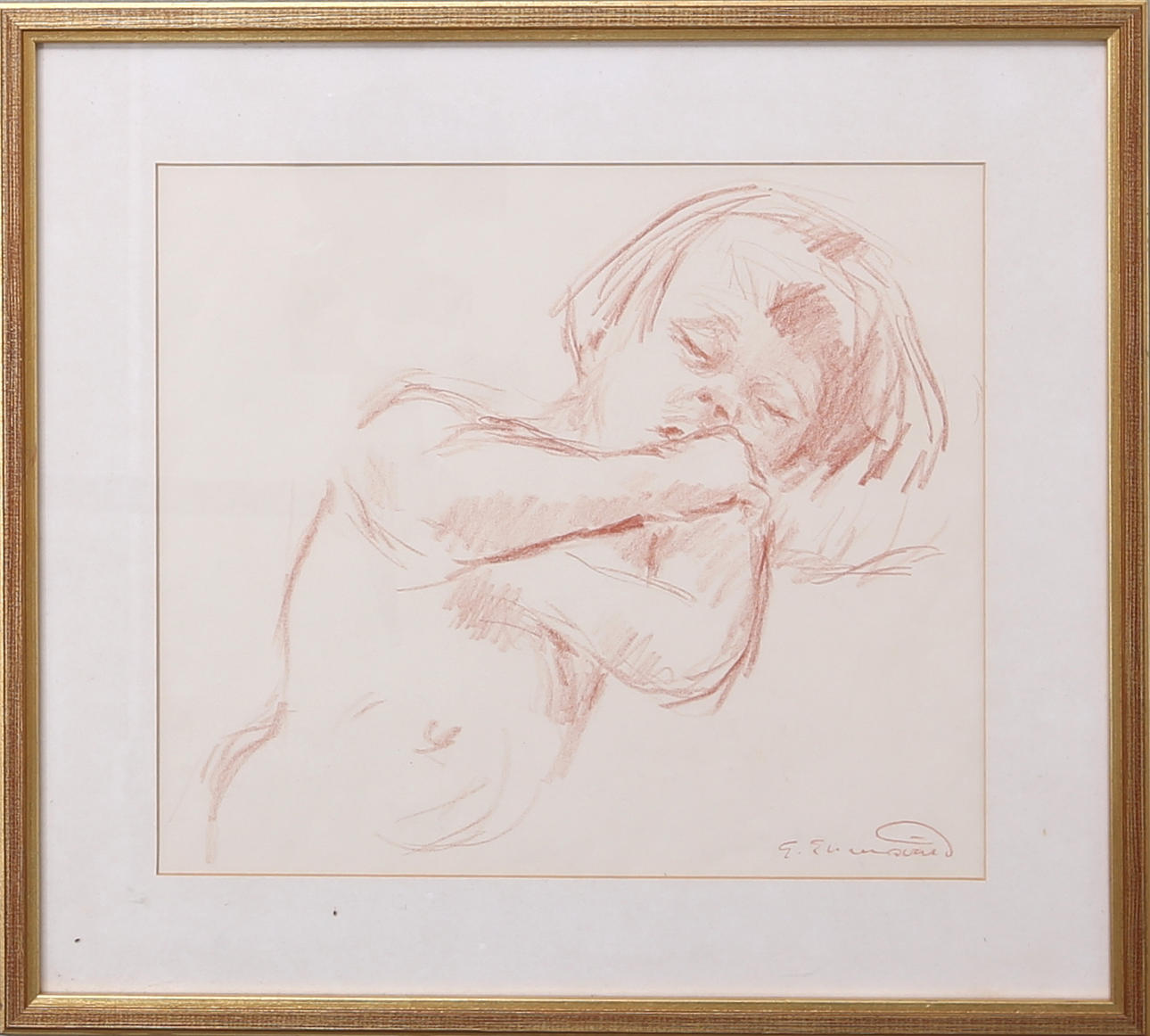 GERD ERHENSWÄRD. Barnstudie, rödkrita, signerad G Ehrenswärd.