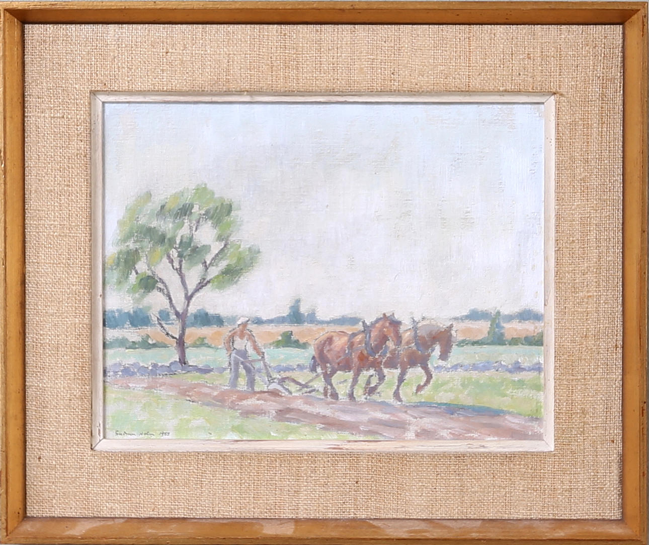 GUDRUN HOLM. "Plöjaren", olja på pannå, signerad o daterad Gudrun Holm 1965.