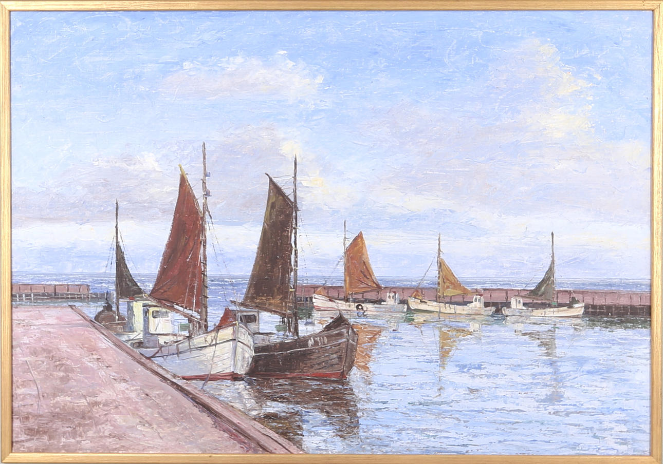 OKÄND KONSTNÄR. Bläsinge hamn, Öland, olja på duk, ej signerad.