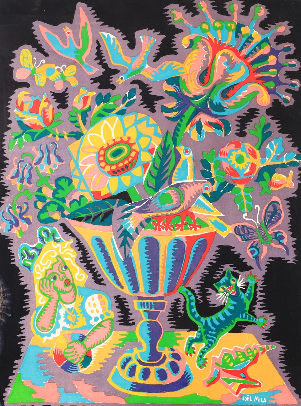JOËL MILA. Textilkarton, signiert.