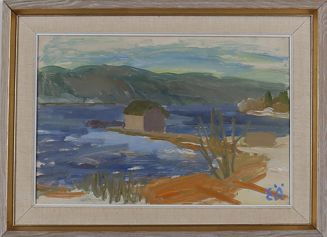 ERLING ÄRLINGSSON. Hus vid sjö. Olja på pannå. Signerad.