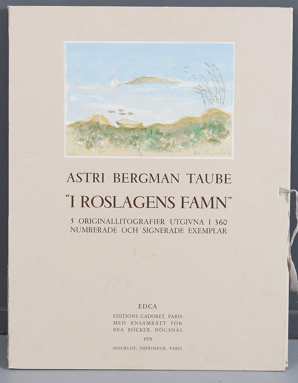 ASTRI BERGMAN-TAUBE. "I Roslagens famn", mapp med 5 st färglitografier, signerade och numrerade 194/360.
