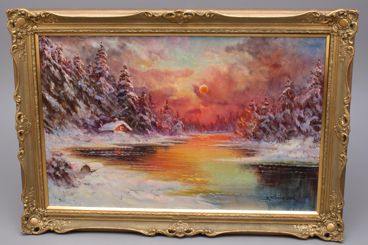 BERT ÖSTERLUND. Fullmåne vid vintersjö med röd stuga, signerad B.Österlund, Olja på duk.