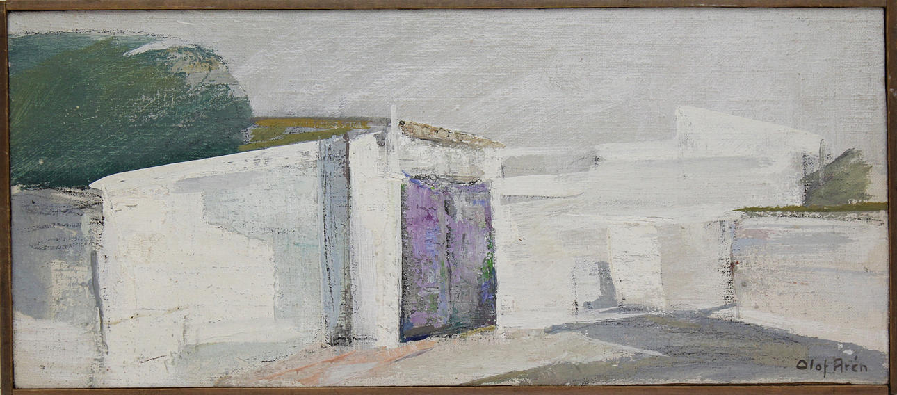 OLOF ARÉN. Byggnader. Olja på pannå. Signerad.