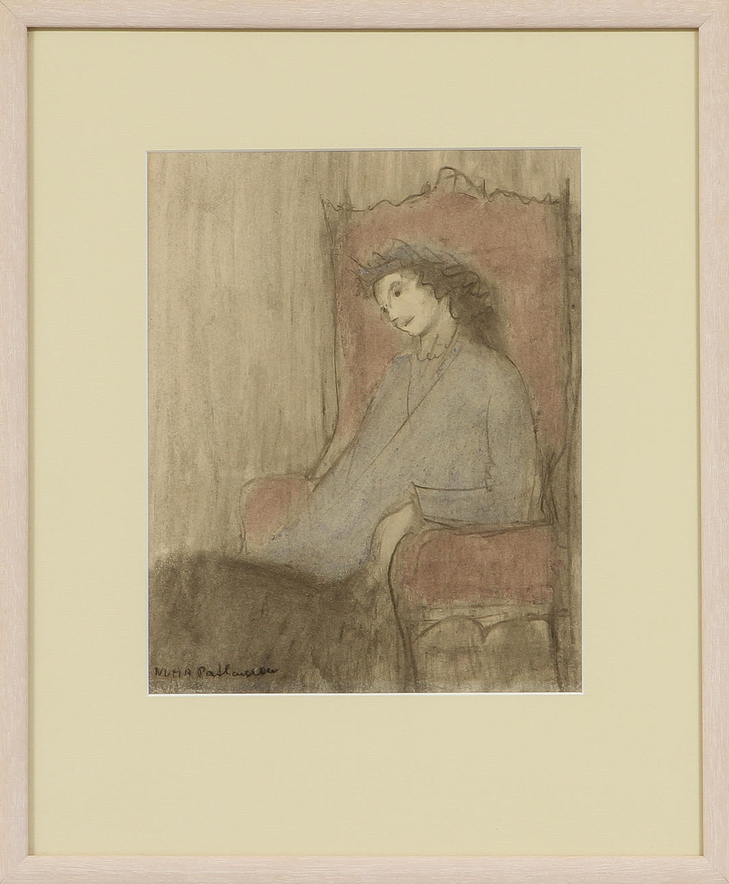 NUMA PATLAGEAN. Teckning. Kol och krita. Kvinna i fåtölj.