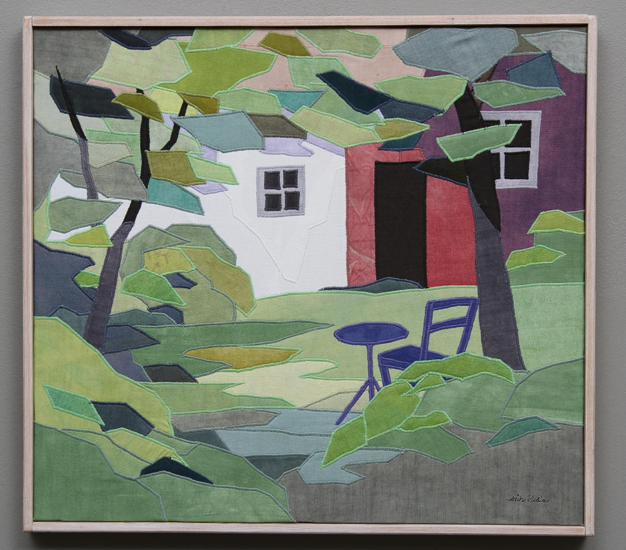 ANITA HEDIN. "Trädgårdsinteriör". Textil. Signerad. Utförd 2003.