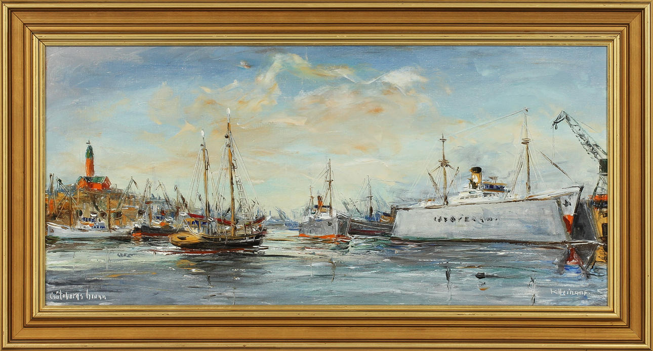 KURT ERIK HEINONEN. "Göteborgs hamn", olja på duk, signerad K Heinonen.
