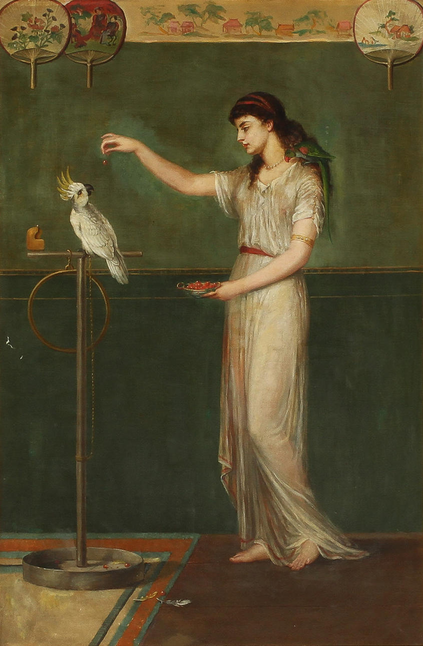 OIDENTIFIERAD KONSTNÄR. Kvinna med två papegojor, olja på duk signerad M Thomas 1877.