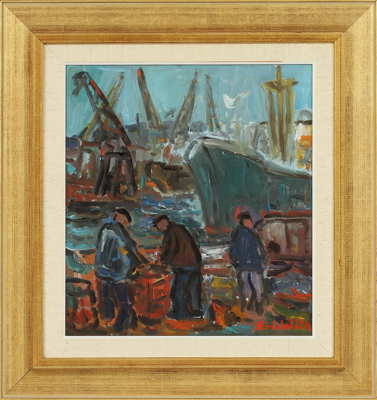 ERIC WITH. Olja på pannå. Motiv från Göteborgs hamn.
