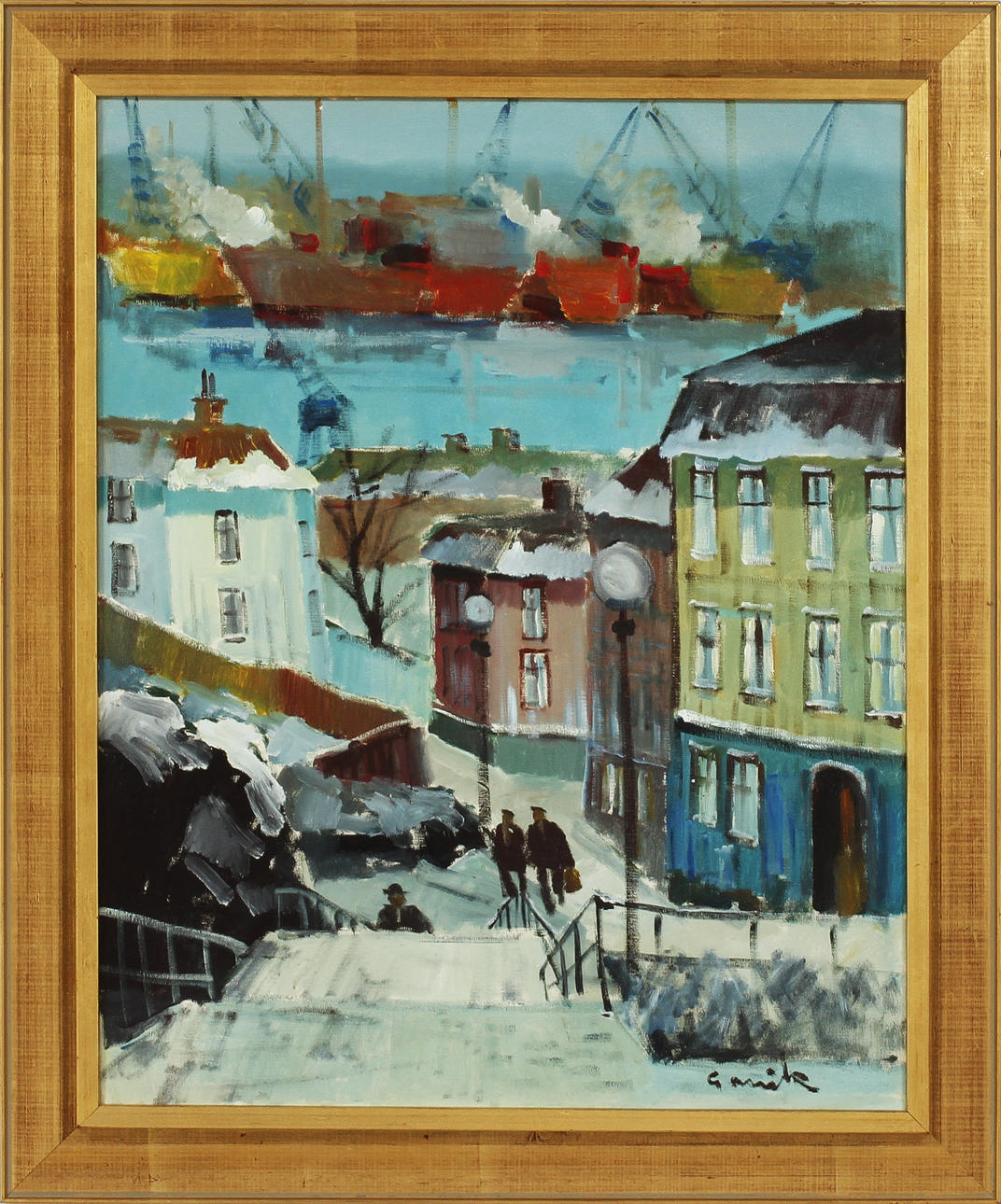 TAGE GAVIK. Olja på duk. Utsikt mot Göteborgs hamn från Masthugget. Signerad Gavik.