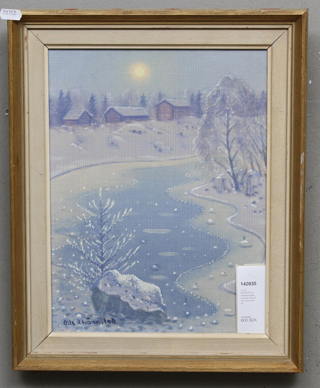 OLLE RHÖNNSTAD. Vinterlandskap med älv. Olja på duk. Signerad.