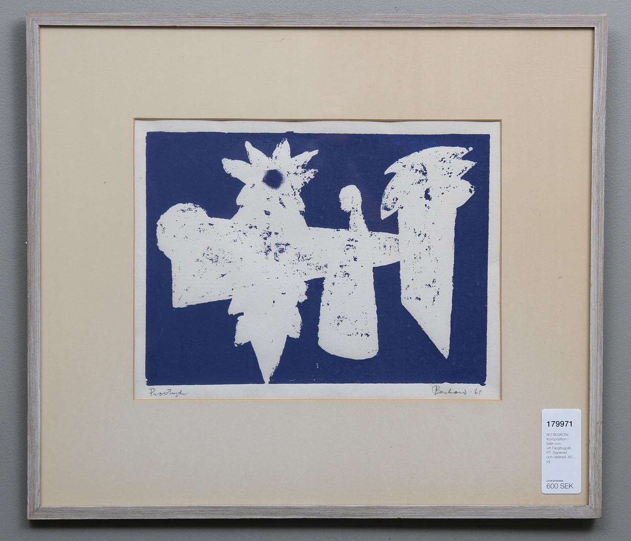 BO BESKOW. Komposition i blått och vitt.Färglitografi, PT. Signerad och daterad -65.