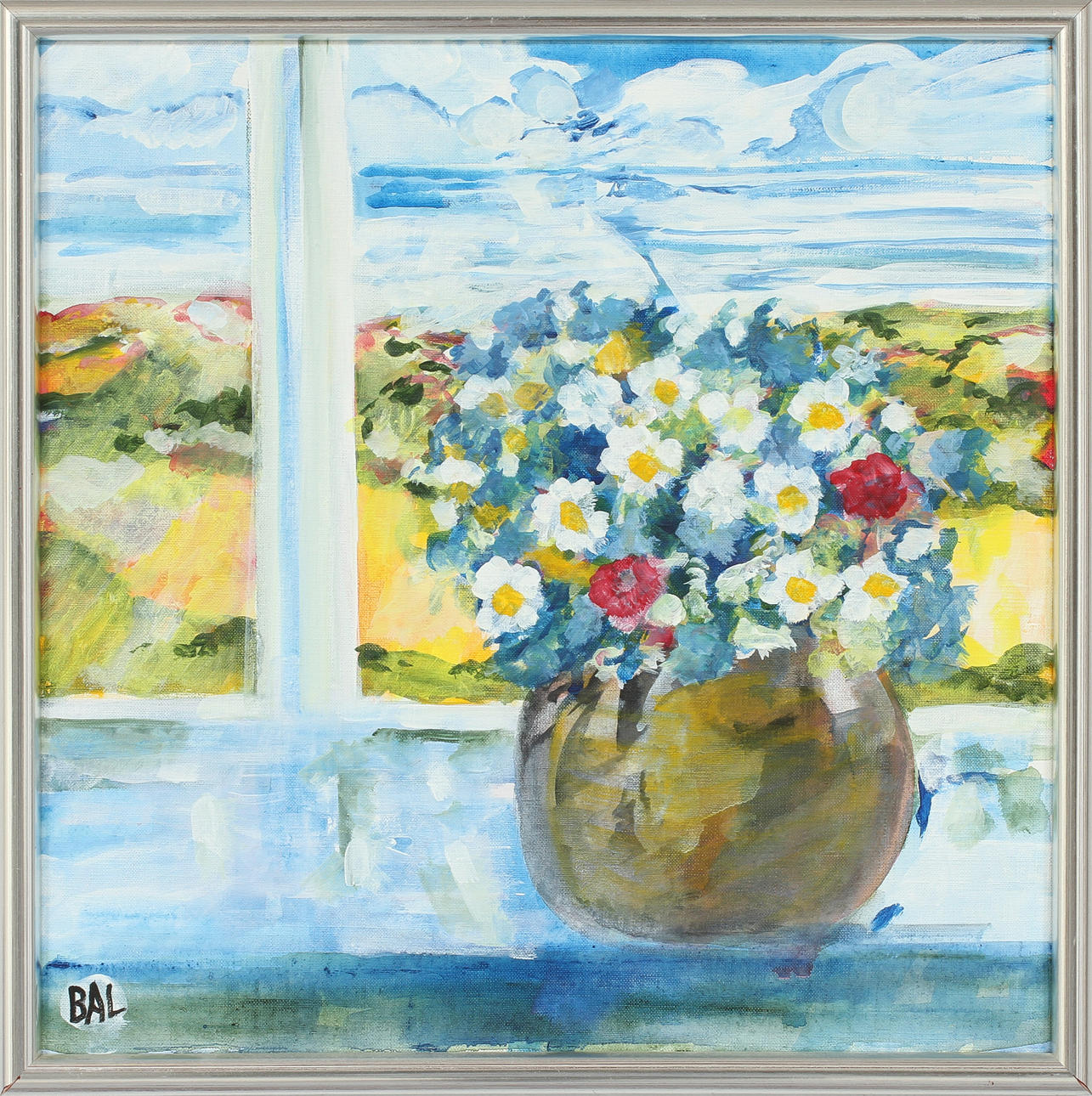 BENGT ARNE LINDEROS BAL. Fönstervy med blommor, olja på duk, signerad BAL.