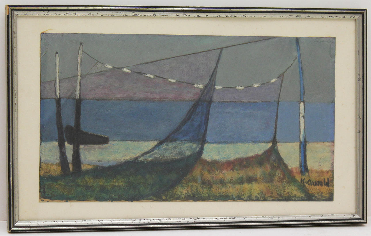 OKÄND KONSTNÄR. Fiskenät på tork. Pastell. Signerad K Oswald.