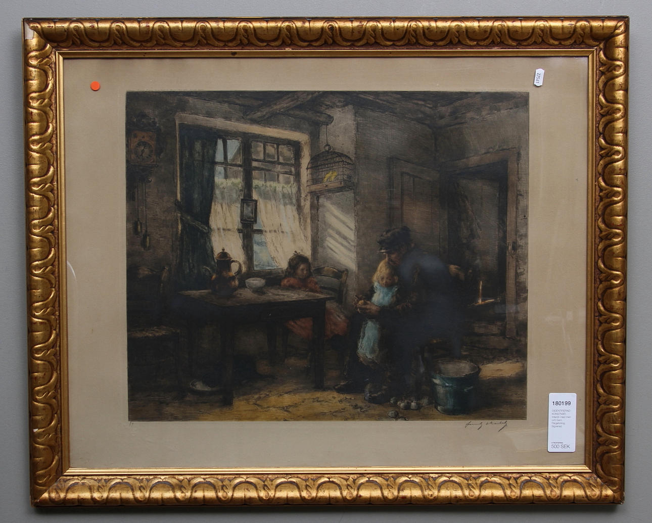 OIDENTIFIERAD KONSTNÄR. Interiör med man och barn. Färgetsning. Signerad.