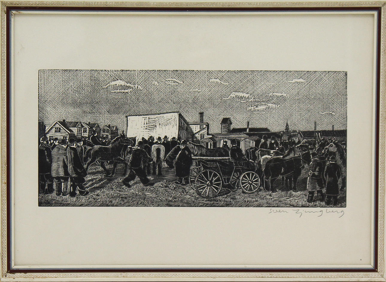 SVEN LJUNGBERG. "Hästmarknad". Träsnitt. Signerad.