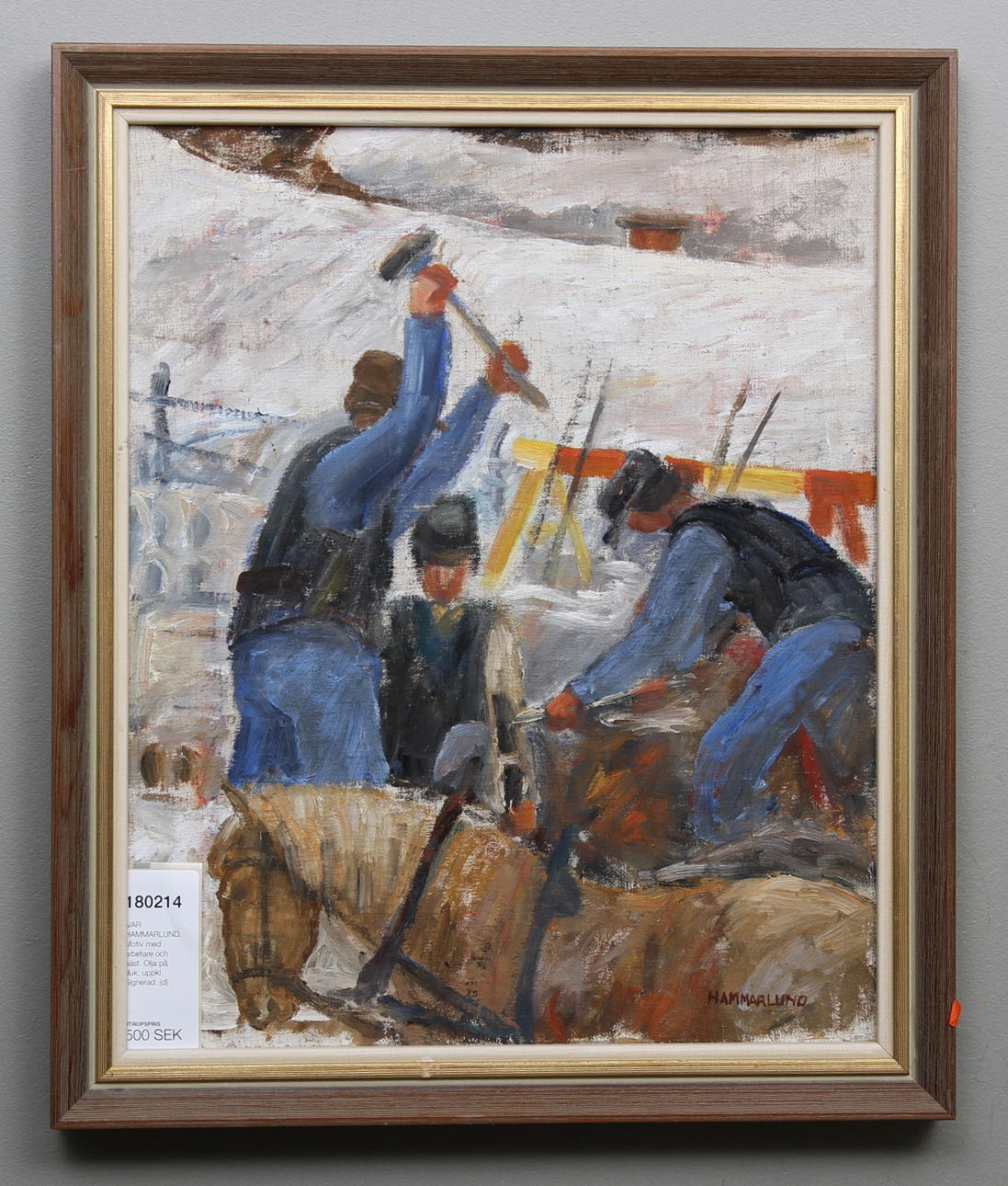 IVAR HAMMARLUND. Motiv med arbetare och häst. Olja på duk, uppkl. Signerad.
