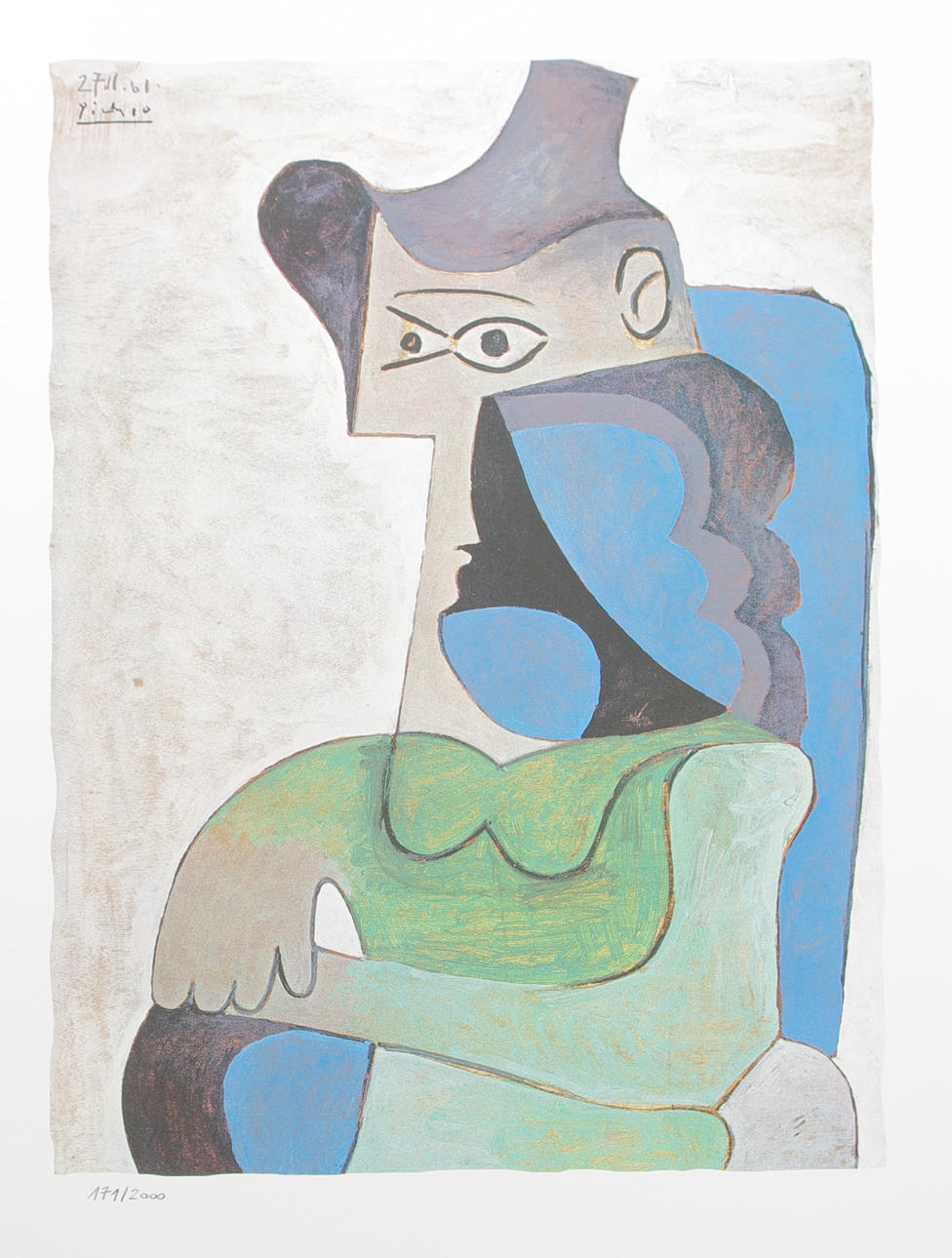 PABLO PICASSO. EFTER. Kvinna i blå fåtölj, litografiskt tryck.