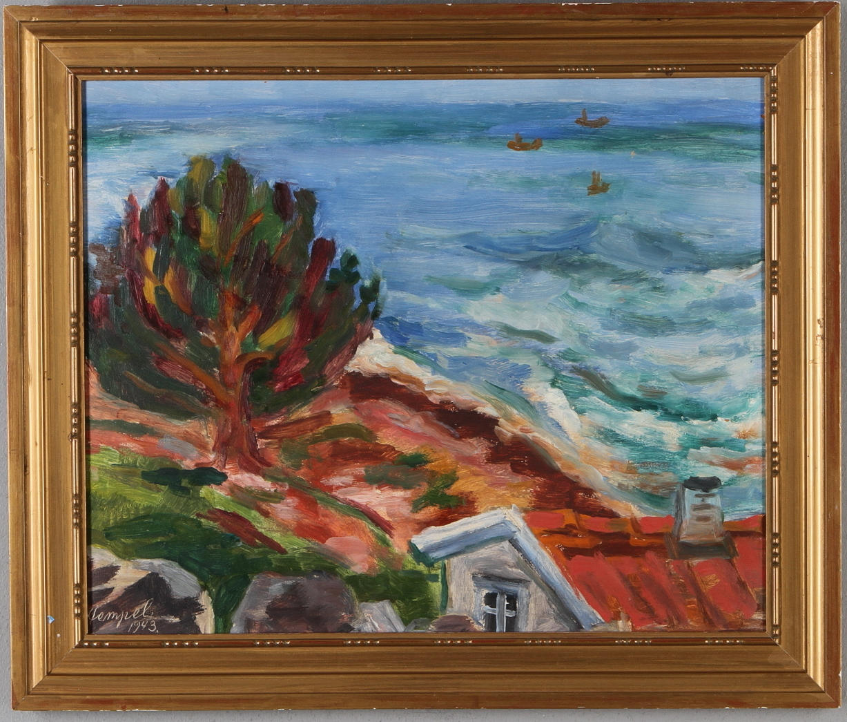 SVEN HILDING HEMPEL. Hus vid kustremsa, olja på pannå, signerad och daterad 1943.