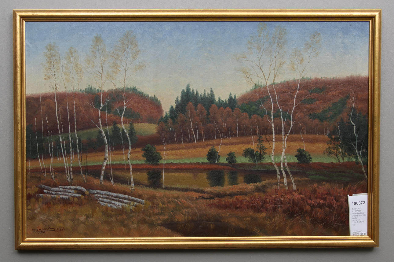 THORVALD RYGAARD. Skogslandskap med björkar. Olja på duk. Signerad T.Rygård 1918.