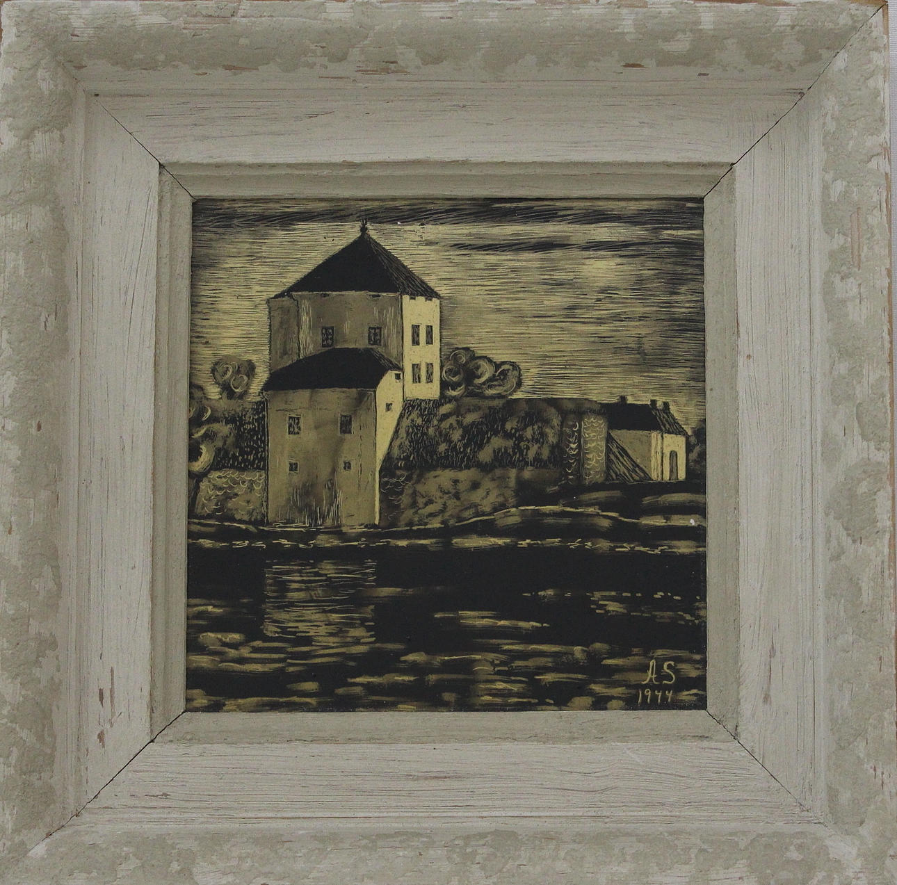 OIDENTIFIERAD KONSTNÄR. sotmålning på kakel, Nyköpingshus, signerad A S, daterad 1944.