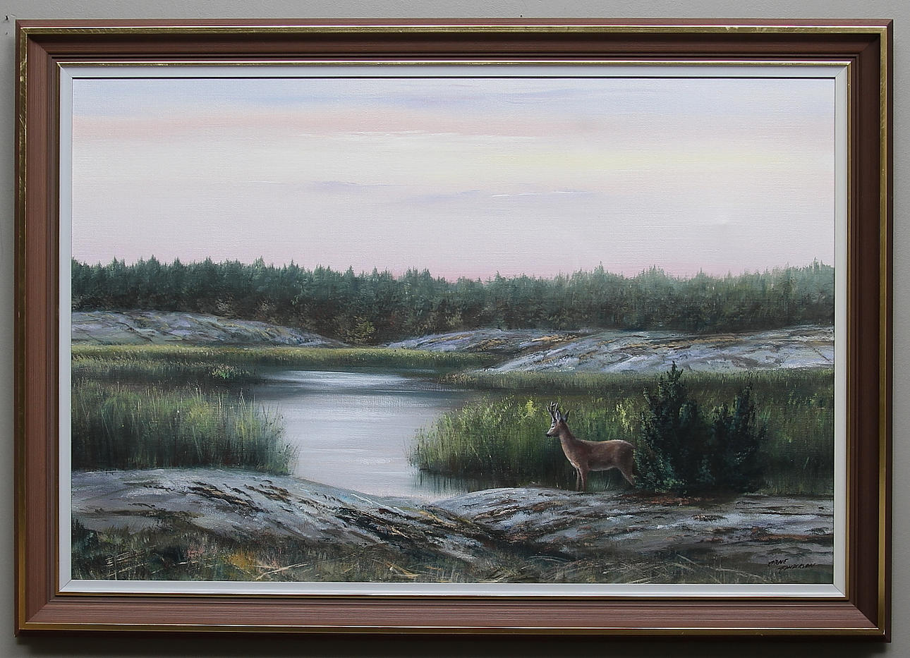 ARNE ANDERSSON. Rådjur vid sjö. Olja på duk. Signerad Arne Andersson.