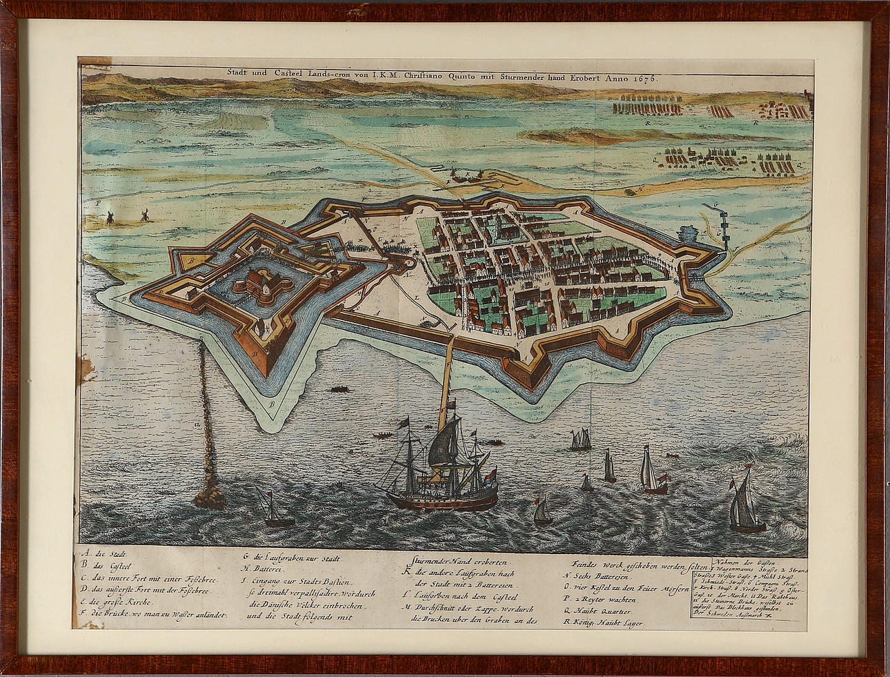 MAP, over Landskrona, hand-colored etching, 1676.