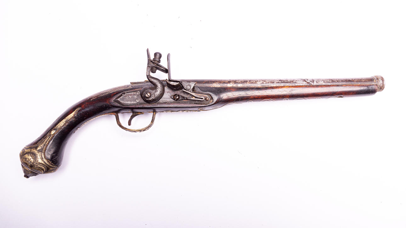Pistole / Steinschloss / Vorderlader, Holz, Metall.