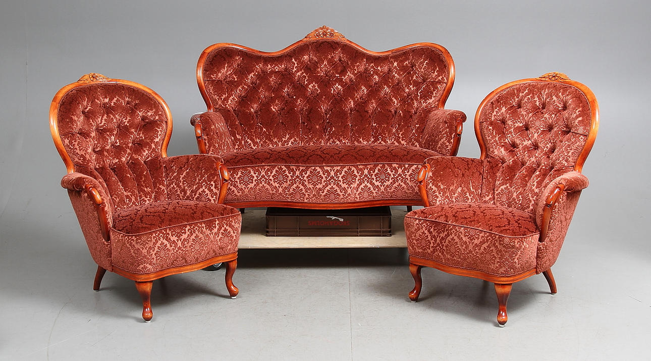 SOFFGRUPP, 3 delar, rokokostil, 1900-tal.