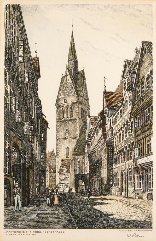 PETERS, W. ”Marknadskyrkan med Köbelingerstraße i Hannover omkring 1830". Färgetsning/papper 22 x 14,5 cm. R. u. ref.: W. Peters. L. u Betit. Inramad under glas.