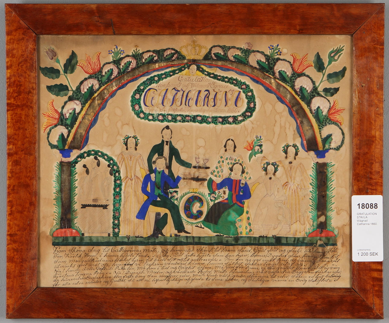 GRATULATIONSTAVLA, blandteknik på papper, tillägnad Catharina 1860.