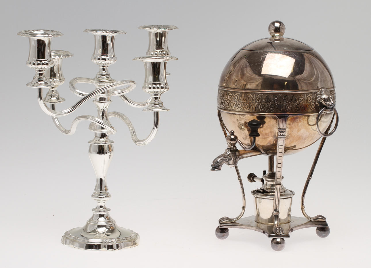 SAMOVAR, nysilver, A. G. Dufva, KANDELABER, för 5 ljus, nysilver, 1900-tal.